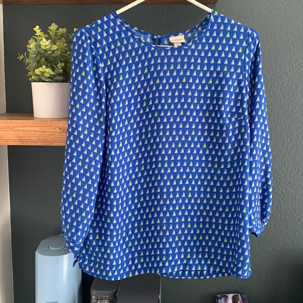Light, polyester blouse with sailboats